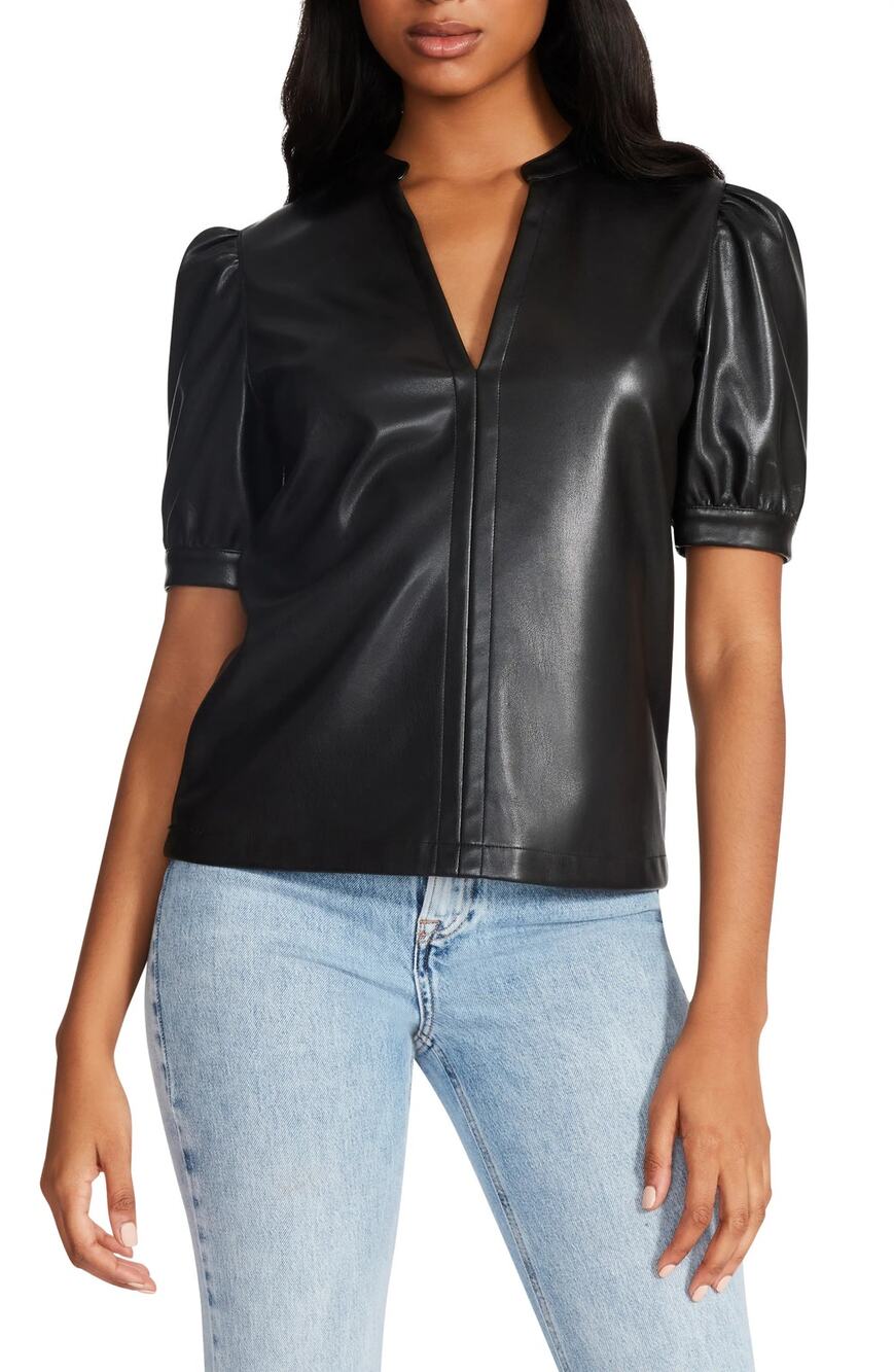 STEVE MADDEN Jane Faux Leather Top Black Puff Sleeve Women's S